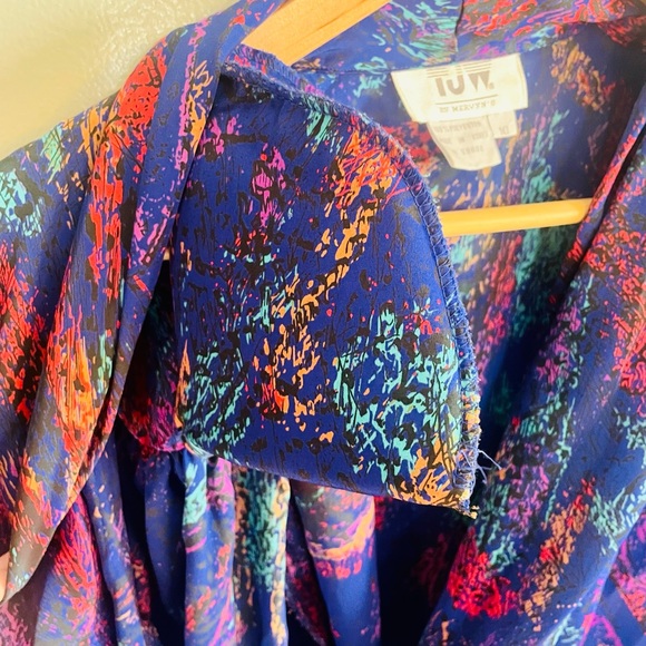 Brocade Plunging V Neck Vintage 80s Silky Long Slv Blue Top Party Satin Blouse - Picture 8 of 11